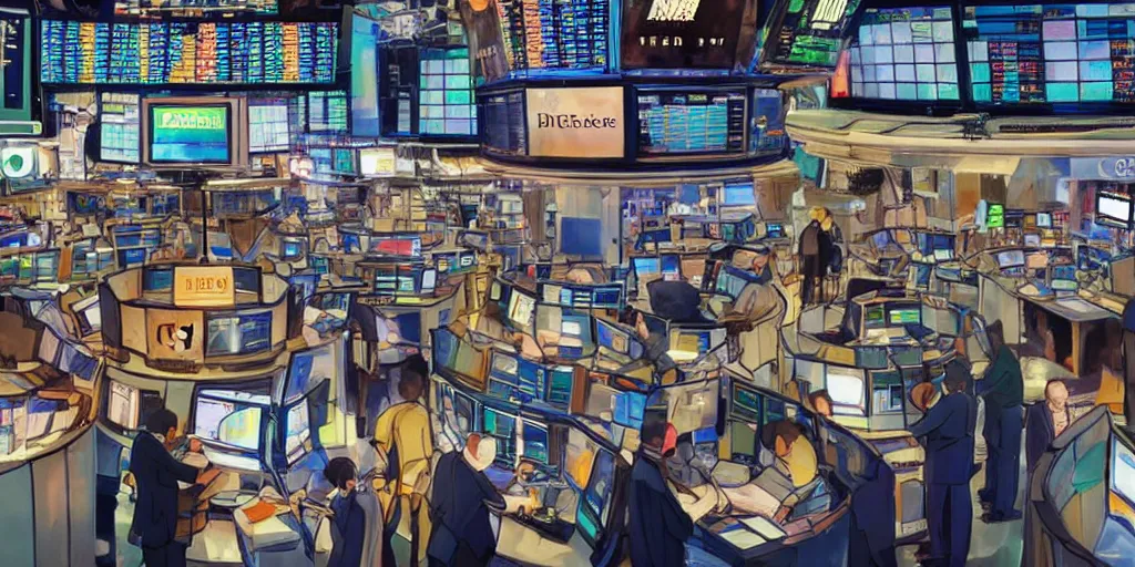 Prompt: beautiful digital painting of traders in the new york stock exchange trading floor, futurism, science fiction, mix of styles, abstract, highly detailed, intricate, studio ghibli color scheme, masterpiece