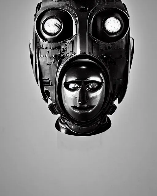 Image similar to Eddie Mendoza portraits of a anthropomorphic-robot cyber-face techno mask in black tie suit retro photo by Louis Daguerre