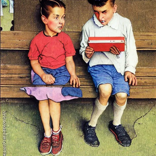 Prompt: boy and girl at a playground staring at iphones, by norman rockwell