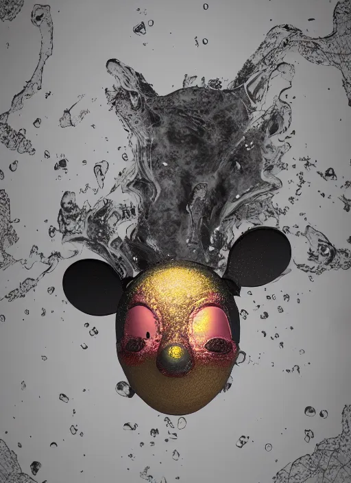 Image similar to mickey mouse head, fractal, broken, wet, mycelium, radiant alien, rococo, baroque, automotive, bio-mechanical, porcelain, iridescent sub surface scattering, octane render