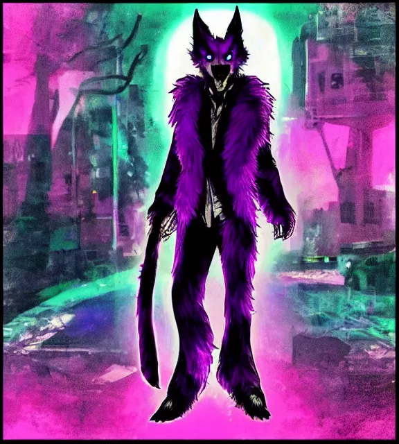 Image similar to ( with a glowing rainbow tail ) a purple wolfbat fursona ( from the furry fandom ) wearing an eyepatch, he is travelling through a shadowy city, an affable devil among demons, neo - noir tone of max payne, style of purple rain album cover ( by prince ), dark colors