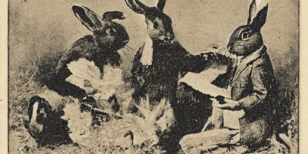 Prompt: a 1 9 1 0 s postcard showing a famous rabbit composer