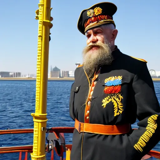 Image similar to a old man in officer suit of russian empire, gray hair and beard, standing near giant yellow dieselpunk ship