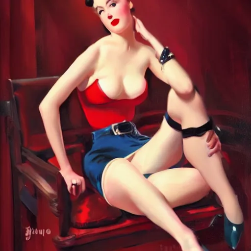 Image similar to a painting in the style of gil elvgren and in the style of ross tran.