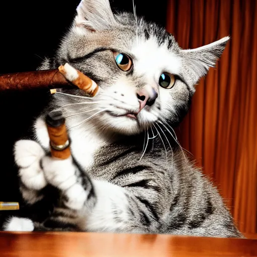 Prompt: a photo of an antropomorphic cat wearing a suit smoking a cigar