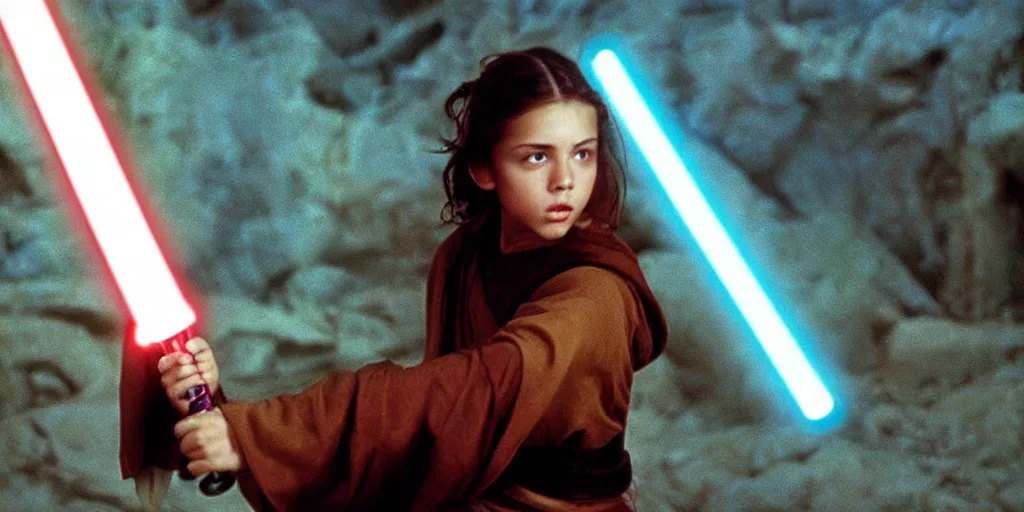 Image similar to a full color still of a teen brunette Jedi padawan holding a lightsaber hilt during a sci-fi battle, cinematic lighting, 1999, directed by Steven Spielberg, 35mm