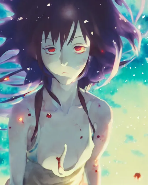 Image similar to oriental water color of a cute thicc damaged zombie woman, floating through space, backlit, by makoto shinkai and krenz cushart