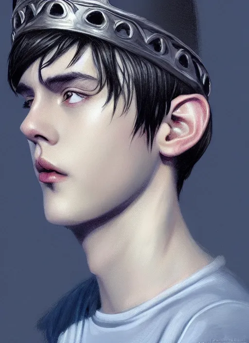 Image similar to portrait of teenage jughead jones wearing a light grey crown, photorealistic, crown, eyes closed, crown, black hair, intricate, elegant, glowing lights, highly detailed, digital painting, artstation, concept art, smooth, sharp focus, illustration, art by wlop, mars ravelo and greg rutkowski