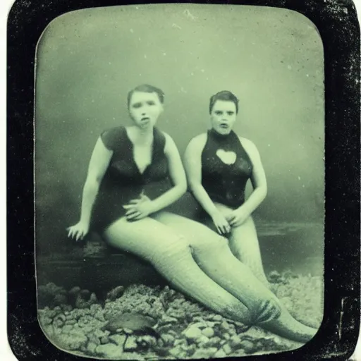 Image similar to tintype photo, underwater, mermaids swimming