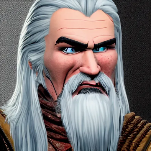 Image similar to silly cartoon caricature of grumpy herp derp wackadoo geralt of rivia, 4k resolution, highly detailed