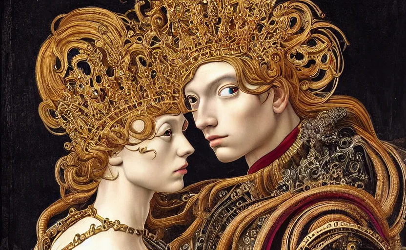 Prompt: beautiful cyborg king, intricate royal garment, piercing glowing eyes, intricate, highly detailed, incredible lighting, mural in the style of sandro botticelli, caravaggio, albrecth durer