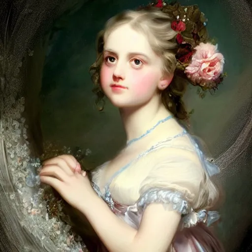 Prompt: Alice in Wonderland,a portrait of a beautiful Silver hair girl,Diamonds Blaze,Rose twining,luxuriant,dreamy, eternity, romantic,highly detailed,in the style of Franz Xaver Winterhalter, highly detailed,night lighting