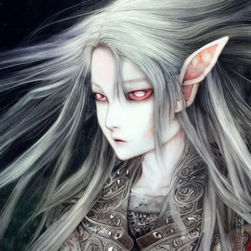 Image similar to Yoshitaka Amano blurred and dreamy illustration of an anime girl with wavy white hair fluttering in the wind and cracks on her face wearing elven armor with engravings, background with abstract black and white patterns, noisy film grain effect, highly detailed, Renaissance oil painting, weird portrait angle, three quarter view