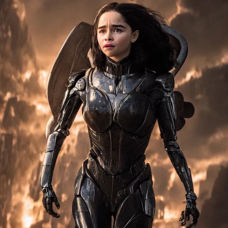 Image similar to scifi emilia clarke looks like alita battle angel, big eyes, smiling face, extremely high detail, extremely high detailed face, cyborg, photorealism, emilia clarke, sony a 7 r