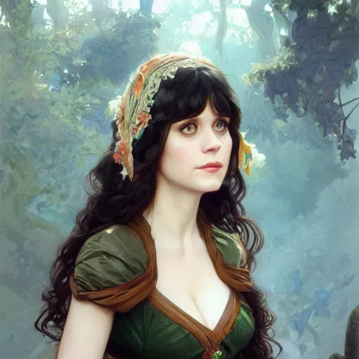 Prompt: portrait of Zooey Deschanel, fantasy, intricate, elegant, highly detailed, digital painting, artstation, concept art, smooth, sharp focus, illustration, art by Artgerm and Greg Rutkowski and Alphonse Mucha