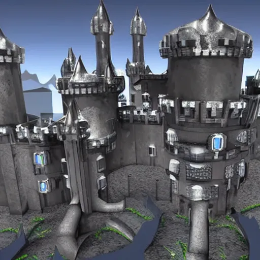 Prompt: futuristic metal castle with machine guns on he walls