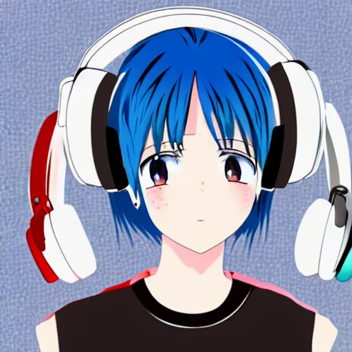 Prompt: Girl with blue hair and red eyes wearing headphones, anime style