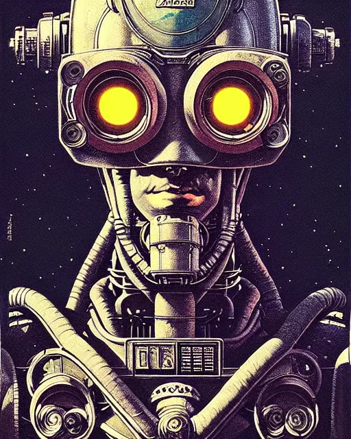 Image similar to robot, character portrait, portrait, close up, concept art, intricate details, highly detailed, vintage sci - fi poster, retro future, in the style of katsuhiro otomo, chris foss, rodger dean, moebius, michael whelan, and gustave dore