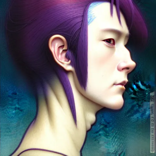 Image similar to Masterpiece head and shoulder portrait of Major Kusanagi from Ghost in the Shell drawn by Donato Giancola and Tom Bagshaw, face by Artgerm and Edmund Leighton, Alphonse Mucha, background by James Jean and Gustav Klimt, 4k, porcelain skin, komorebi, french nouveau, trending on artstation, octane render, hyperrealistic