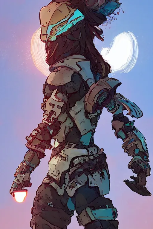 Image similar to combination suit armor aloy horizon forbidden west horizon zero dawn robot ninja mask helmet backpack tribal, art gta 5 comics, official fanart behance hd artstation by jesper ejsing, by rhads, makoto shinkai and lois van baarle, ilya kuvshinov, ossdraws radiating a glowing aura cgi rtx 2 0 2 2