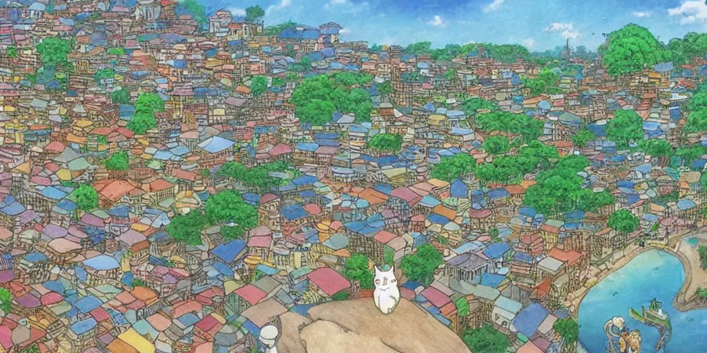 Image similar to cat looking at a sri lankan city, drawn by hayao miyazaki