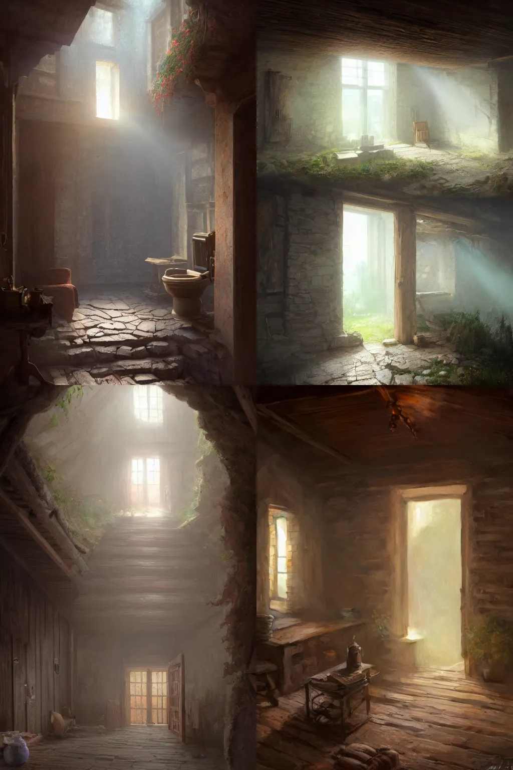 Prompt: inside an old room with quarry walls there is an open wooden door with wooden stairs next to a full water well, on one wall there is a closed wooden door, the ceiling has wooden beams, there are spirits, greg rutkowski and thomas kinkade, Trending on artstation, environment and concept art, wide shot, iridescent, flickering light