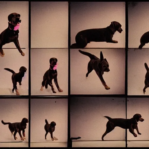 Image similar to a modern color film strip reel of a dog jumping up and down with 9 frames