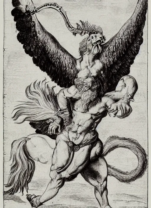 Prompt: a mighty strong creature with the body and eyes of a man, with the beak of an eagle, the mane of a lion, and the horns of an ox. drawn by da vinci