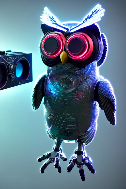 Image similar to high quality 3 d render very cute cyborg owl! with boombox!, cyberpunk highly detailed, unreal engine cinematic smooth, in the style of blade runner & detective pikachu, hannah yata charlie immer, moody light, low angle, uhd 8 k, sharp focus