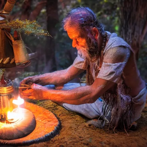 Image similar to a shaman preparing a magic decoction in a dreamy atmosphere, 4 k, 3 d, photo