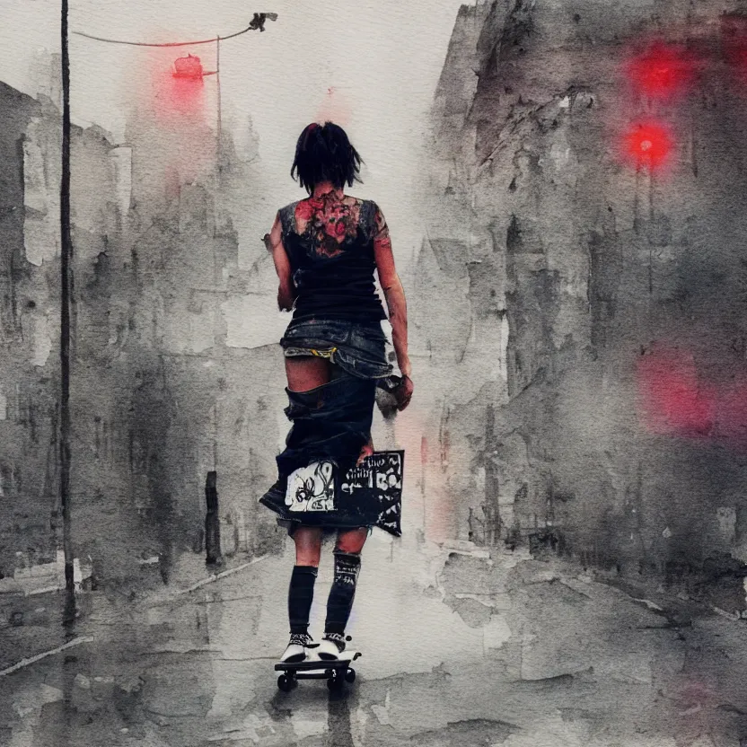 Image similar to punk girl skateboarding in the city, simple watercolor, rough paper texture, backlit cyberpunk buildings, wet roads at night reflecting the lights from buildings, dust, fog, cloudy night sky, dslr, 4 k, fisheye