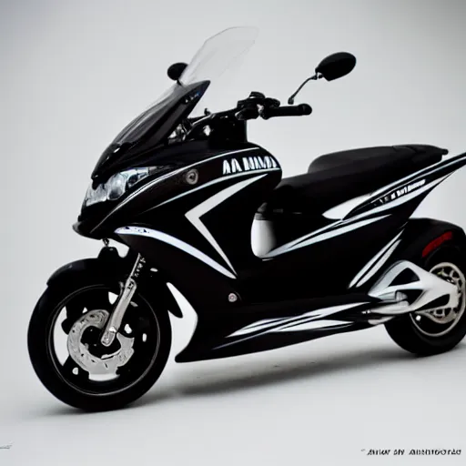 Image similar to photo of tuned black and white pearlescent yamaha aerox 7 5 ccm, race style, custom scooter, dslr, 8 5 mm, f / 1. 3