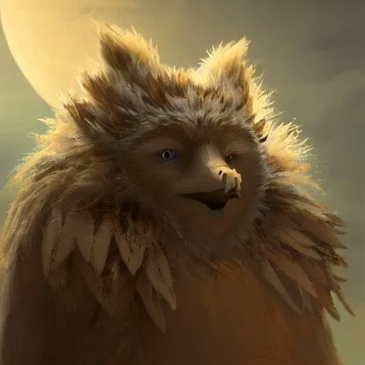 Image similar to a beautiful closeup shot from a fantasy film of a humanoid grey owlbear wearing a loose tunic. an anthropomorphic owlbear. golden hour. joseph ducreux, greg rutkowski.