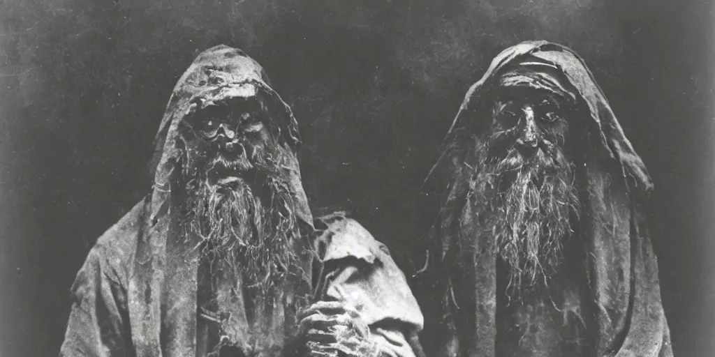Prompt: hermit wearing a scary mask, 1900s picture