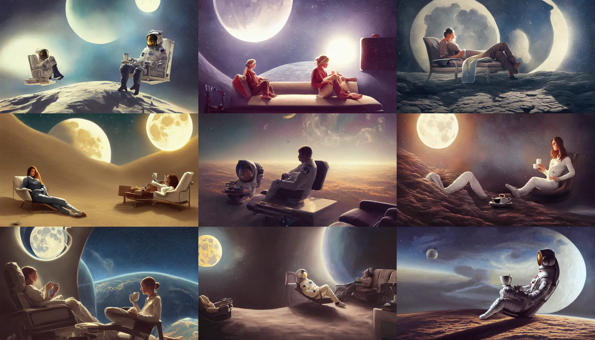 Prompt: beautiful painting of astronaut sitting in sofa at moon ground with cup of coffee looking at far earth, wide shot, digital painting, intricate details, trending on artstation, concept art, octane render, realistic, highly detailed, smooth, sharp focus, beautiful, 4 k, 8 k, hd, art by charlie bowater and artgerm and greg rutkowski