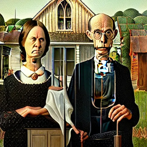 Image similar to a witch and a wizard in the style of american gothic