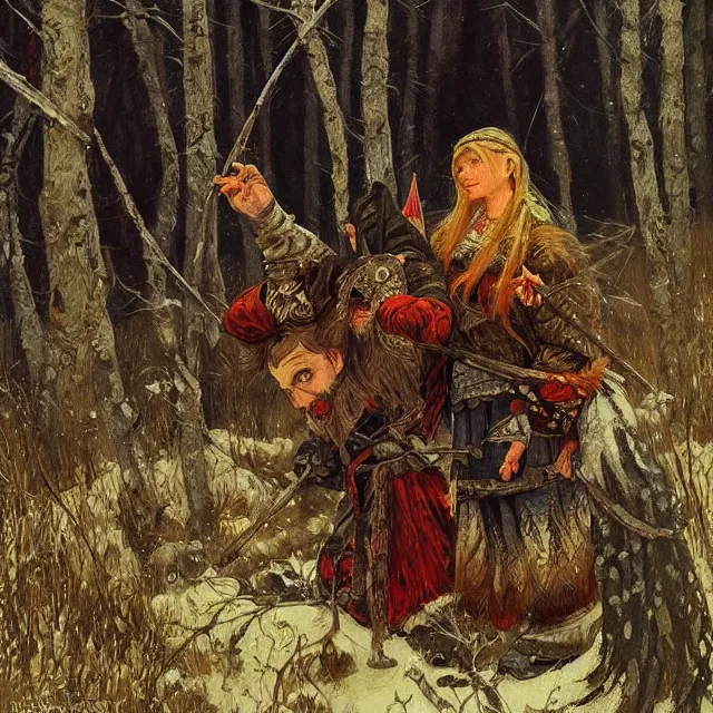 Image similar to russian folk fairytale, story, fable, dramatic, fantasy art, an ultrafine detailed painting, academic art, artstation, by pavel korin, viktor vasnetsov