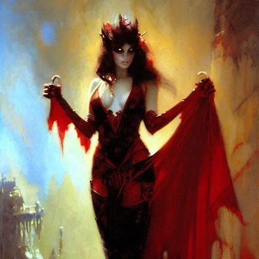 Image similar to attractive vampire queen with red eyes, painting by gaston bussiere, craig mullins