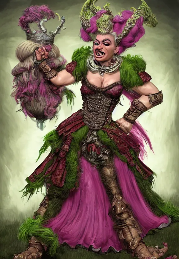 Prompt: d&d character artwork of a brawny orc drag queen (a male orc in frilly women\'s clothing, orc has green skin) and is wearing a very girly prissy frilly rococo ballgown outfit and wearing a huge rococo powdered wig, rococo fashion, drag, girly, fabulous, D&D, fantasy, highly detailed, digital painting, artstation, smooth, sharp focus, illustration, art by artgerm and greg rutkowski and alphonse mucha