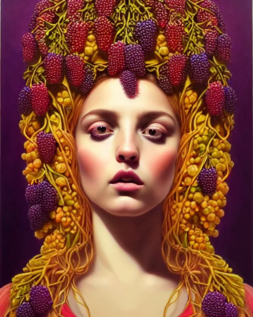 Prompt: portrait of the beautiful young goddess of grapes, unusual beauty, etheric, outworldly colours, emotionally evoking symbolic metaphors, head in focus, ornamental, intricate, elegant, highly detailed hyperrealistic painting, golden ratio, sharp focus, art by sarah joncas,