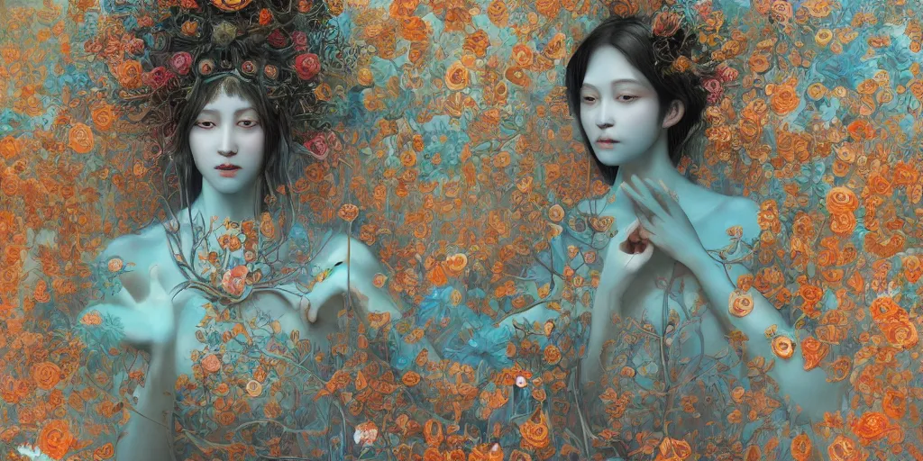 Image similar to breathtaking detailed weird concept art painting of the goddess of light blue flowers, orthodox saint, with anxious, piercing eyes, ornate background, amalgamation of leaves and flowers, by Hsiao-Ron Cheng, extremely moody lighting, 8K