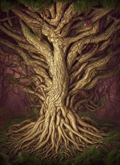 Image similar to highly detailed closeup portrait of a yggdrasil tree, unreal engine, nicoletta ceccoli, mark ryden, lostfish, earl norem, global illumination, god rays, detailed and intricate environment