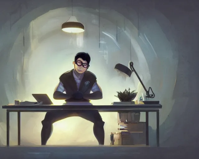 Image similar to an insanely detailed painting of a nerdy asian man wearing a superhero costume, sitting at a desk, staring at the nervously at the computer and typing, in the style of peter mohrbacher, dramatic lighting and composition, surreal background, octane render, pixar, trending on artstation, concept art, comic book, view from behind