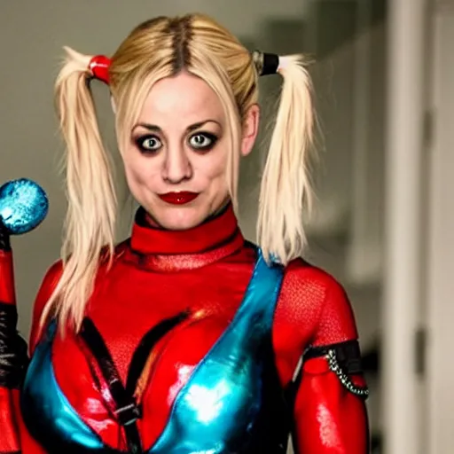 Image similar to A still of Kaley Cuoco as Harley Quinn