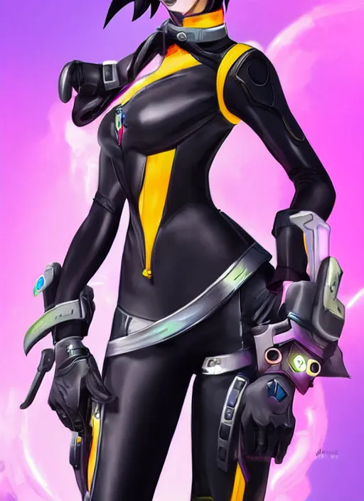 Prompt: full body digital artwork of tracer overwatch, wearing black iridescent rainbow latex, 4 k, expressive happy smug expression, makeup, in style of mark arian, wearing detailed black leather collar, wearing sleek armor, black leather harness, detailed face and eyes,