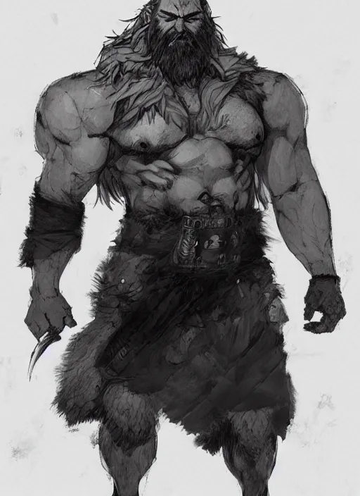 Image similar to Full body portrait of an old muscular man with blonde hair and beard wearing bear skin. In style of Yoji Shinkawa and Hyung-tae Kim, trending on ArtStation, dark fantasy, great composition, concept art, highly detailed.