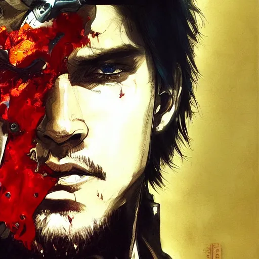 Image similar to portrait of a young white hero holding his sword next to his face covering his eye by yoji shinkawa, high quality, extra details, realism, ornate, colored, golden chain, blood, white skin, short hair, brown eyes, vivid, sunlight, dynamic, american man, freedom, white american soldier, painting