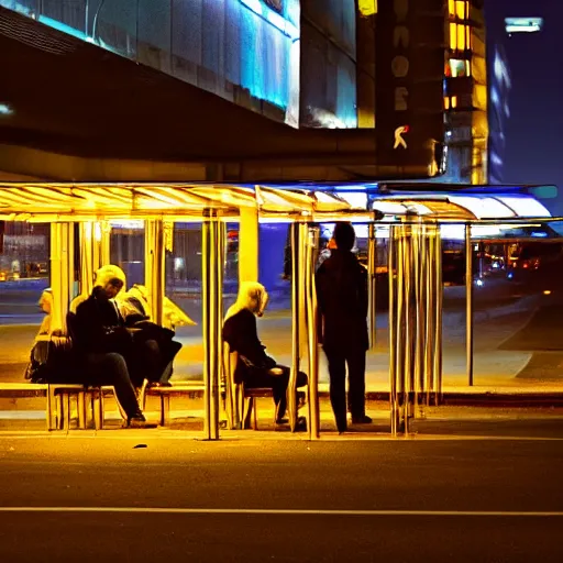 Prompt: a some people waiting in a lone bus stop in quiet dark city night at nowhere planet, high quality, high resolution,detailed