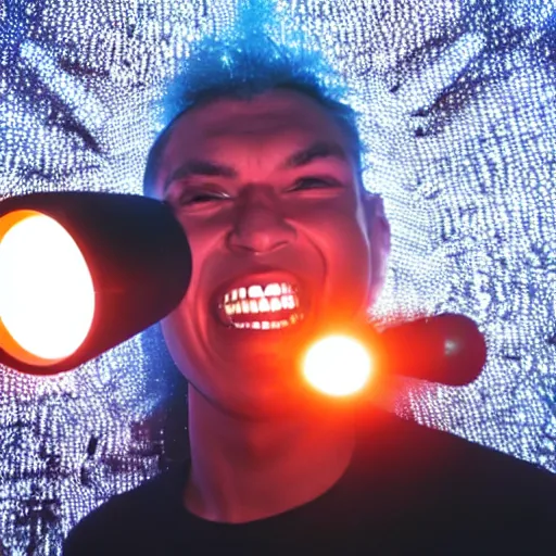 Image similar to widest fish eye lens extremely close to cyborg's laughing while shooting flamethrowers with a dystopian neopunk cyber backdrop