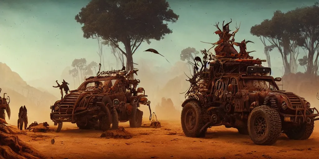 Image similar to woodpunk, ancient indian on atv, buffalo chase ,attacking, action scene, an epic fantasy, dramatic lighting, cinematic, establishing shot, extremely high detail, photorealistic, cinematic lighting, artstation, octane render, by simon stalenhag, horizon forbidden west and mad max